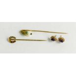 A gold, turquoise and bone hat pin in the form of a snow drop, together with a pair of gold (