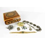 A jewellery box including marcasite and 800 grade silver flower enamel brooch, silver choker,