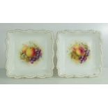 A pair of Royal Worcester square dishes, by Roberts, with wavy gilded edge, puce mark circa 1910,