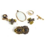 A gold [untested] brooch in the form of a bow set with seed pearls, an antique compass in an