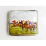 A silver and enamel cigarette case, Birmingham 1900, depicting a race horse at the start of a race