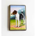 A white metal gilded and enamelled cigarette case depicting a terrier in landscape, stamped 'Gold