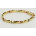 A 9ct gold tricolour bracelet with crab claw clasp, 10.2g