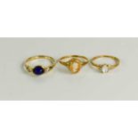 Three 9ct gold rings, one with cameo.