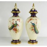 A pair of Royal Worcester vase and covers, painted with peacocks on an ivory ground, the peacocks in