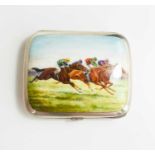 A silver and enamel cigarette case, depicting three racehorses, 4.37toz.