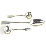 A Victorian silver basting spoon, Robert Wallis 1848 together with two silver ladles, London 1843,