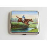 A Samson & Morden silver and enamel cigarette case, with a horse and jockey up jumping over a