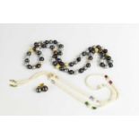A pearl necklace with 9ct gold clasp and coloured beads, together with a grey, pink, lemon pearl
