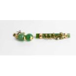 A gold (unmarked), jade and seed pearl set bar brooch, with steel pin, together with a pair of