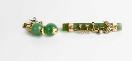 A gold (unmarked), jade and seed pearl set bar brooch, with steel pin, together with a pair of
