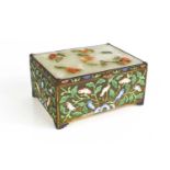 An early 20th century gild brass, enamel and jade box, the front and sides depicting polychrome