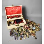 A vintage jewellery box together with a quantity of jewellery to include a silver owl brooch,