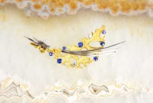 A fine 18ct gold leaf form brooch set with old cut sapphires and diamonds, 8.8g.