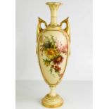 A Royal Worcester blush ivory vase, painted with summer flowers to the panels, with twin handles,