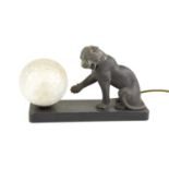 An Art Deco style table lamp with panther and mottled glass globe.