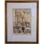 19th Century School: A street scene depicting buildings and people, watercolour on paper, signed