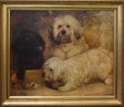 Walter Harrowing (19th century): three dogs with a bone, oil on board, dated 1863, signed lower