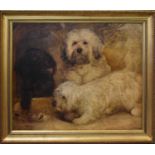 Walter Harrowing (19th century): three dogs with a bone, oil on board, dated 1863, signed lower