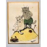 Louis Wain, print of two cats on a sandcastle, a Harry B Neilson print of two cats at a picnic,