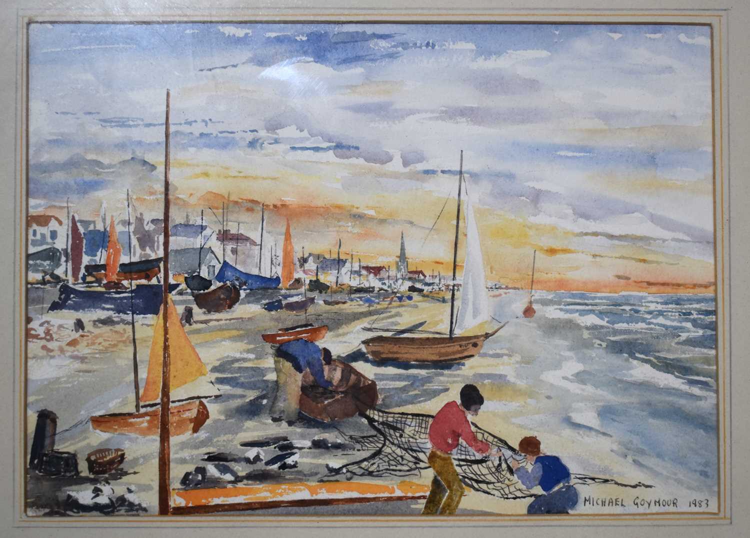 Michael Goymour, beach scene, Nr Morpeth, with fishing nets and figures, signed bottom right,