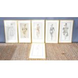 A set of five French watercolour paintings depicting clothing designs, possibly costumes for