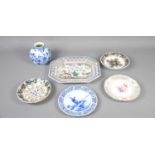 A group of Dutch Delft ware together with a blue and white plate, handpainted Sitzendorf plate and