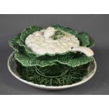 A Portugese pottery tureen in the form of a cauliflower, with cover, ladel and dish.