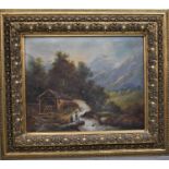 A 19th century oil on canvas, depicting Austrian landscape, boat house on the riverside, with