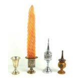 A Jewish silver Havdalah candle holder and other items.