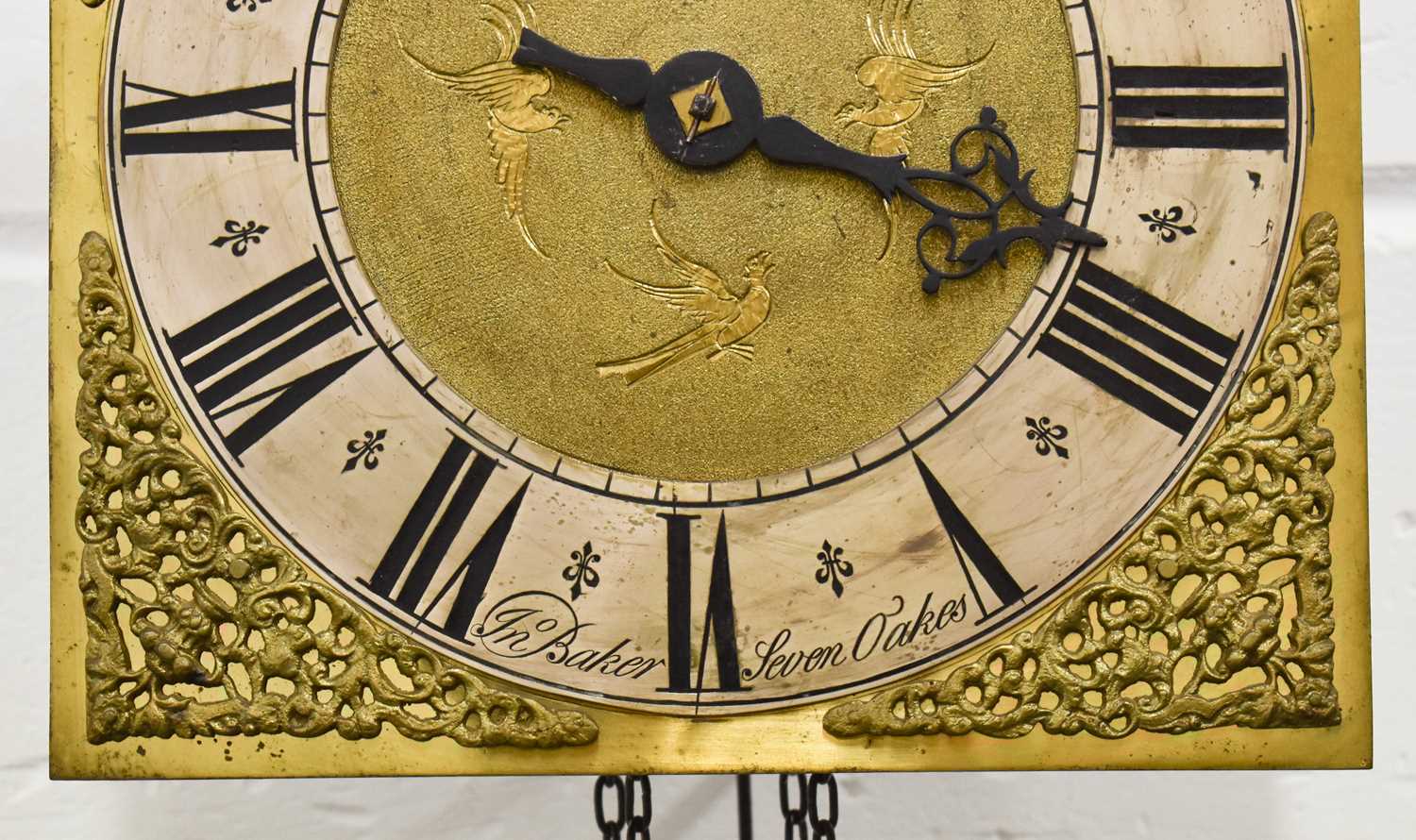 An 18th century John Baker of Sevenoaks hook and spike wall clock, ten inch brass square dial with - Bild 4 aus 10