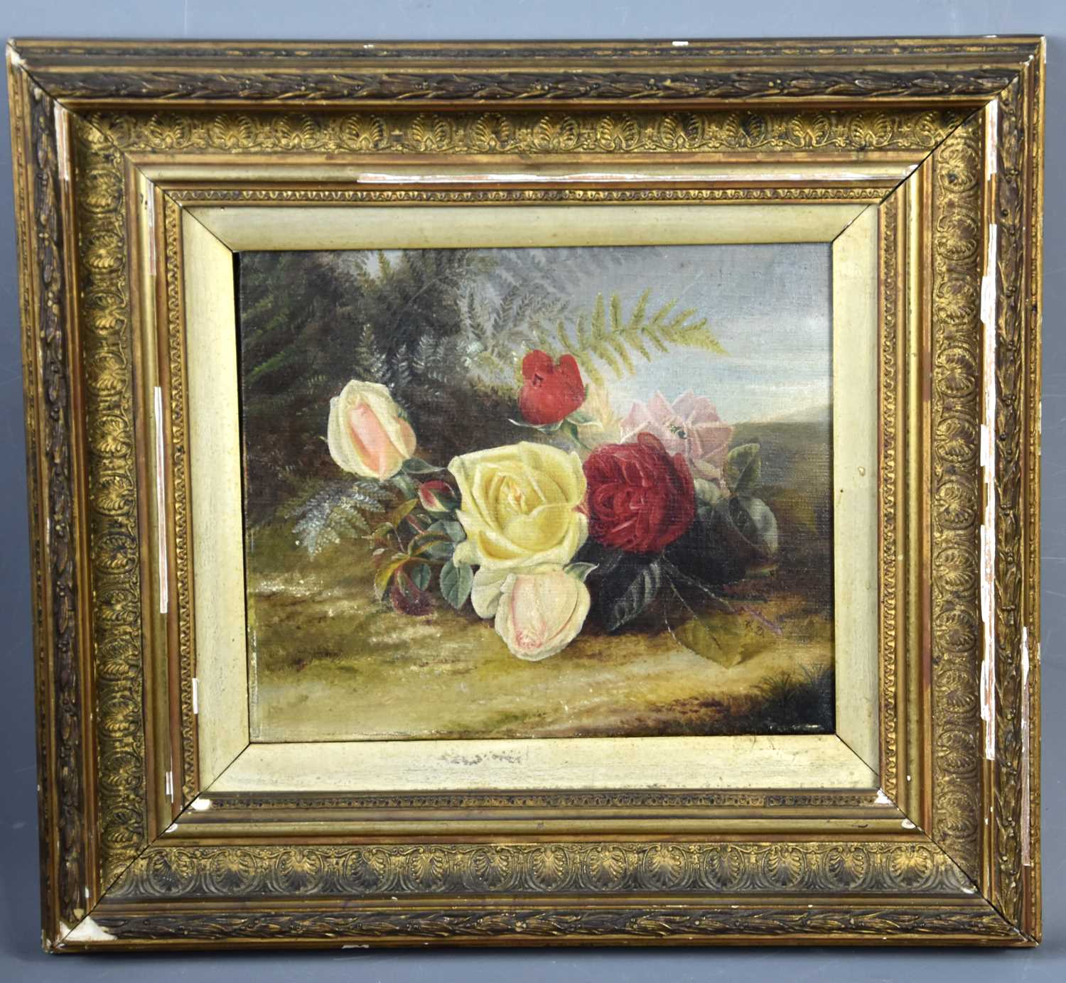 A 19th century still life of roses, oil on canvas, 21cm by 25cm.