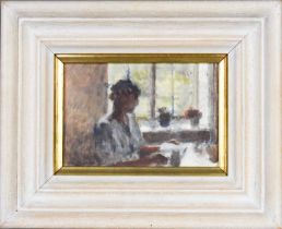 Bernard Dunstan RA (b.1920): interior scene of a lady reading, signed with initials, oil on board,