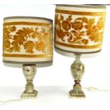 A pair of agate table lamps with embroidered shades, 50cm and 45cm high with shades.