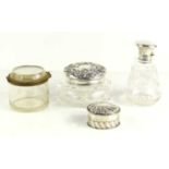 Two silver topped dressing table bottles together with a Victorian silver snuff / trinket box with