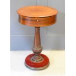 A Victorian mahogany and inlaid ladies work table with circular top, the top inlaid with marquetry