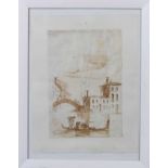 A sepia watercolour depicting a Venetian scene, gondola to the fore, unsigned, 28 by 19cm.