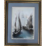 Roberts SC (20th century) pastel on paper depicting sailing boats in the mist, 35 by 51cm.