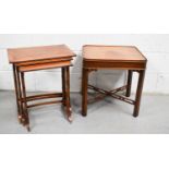 A mahogany nest of three tables, together with a side table with X-form stretcher, and chamfered