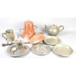 A group of copper and pewter wear to include a James Allen pewter teapot, chestnut roaster, pewter