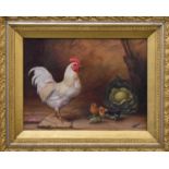 Edgar Hunt (1876-1953): Chicken and Chicks in a stable interior, oil on board, signed, 22 by 30cm.