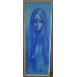 Sarah Leighton Jones, Girl in Blue, oil board, signed, 39 by 120cm.