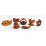 A group of Japanese carved Inro beads / Netsuke's, to include two mice eating a banana, a frog