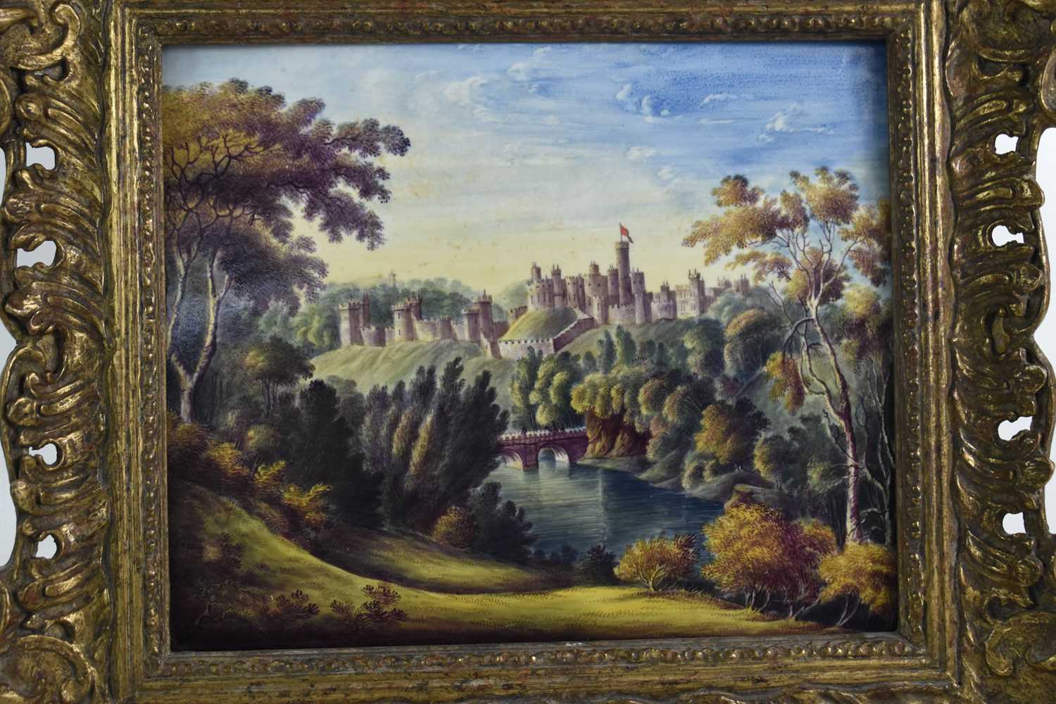 A 19th century oil on porcelain plaque, depicting a castle in the distance, with figures on a bridge - Bild 2 aus 2