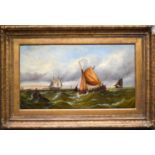 A 19th century oil on canvas, depicting fishing boats in choppy seas, unsigned, 44 by 90cm.