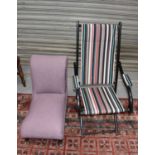 A small Victorian nursing chair together with a vintage deck chair with striped upholstery.