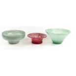 Three Art Glass bowls, one in pink, the other in mottled green and white opaque glass.