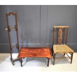 An oak child's chair with caned seat together with a folding tray and a wool winder.