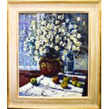 20th Century School A still life with flowers, oil on board, indistinctly signed lower right, 75 x