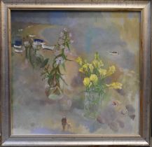 Tessa Newcomb (20th century): Toad Flax & Michelmas Daisies Above the Beach, oil on board, dated